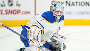 Dec 19, 2022; Las Vegas, Nevada, USA; Buffalo Sabres goaltender Ukko-Pekka Luukkonen (1) warms up before a game against the Vegas Golden Knights at T-Mobile Arena. Mandatory Credit: Stephen R. Sylvanie-USA TODAY Sports