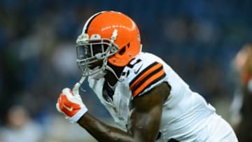 Aug 9, 2014; Detroit, MI, USA; Cleveland Browns wide receiver Josh Gordon (12) against the Detroit Lions at Ford Field. Mandatory Credit: Andrew Weber-USA TODAY Sports