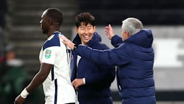 LONDON, ENGLAND - JANUARY 05: Jose Mourinho, Manager of Tottenham Hotspur celebrates with Son Heung-Min and Moussa Sissoko of Tottenham Hotspur following the Carabao Cup Semi Final between Tottenham Hotspur and Brentford at Tottenham Hotspur Stadium on January 05, 2021 in London, England. (Photo by Clive Rose/Getty Images)