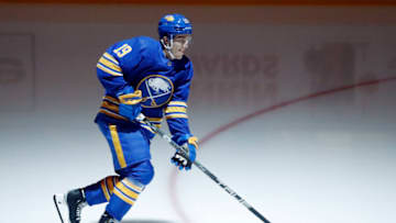 Dec 10, 2022; Pittsburgh, Pennsylvania, USA; Buffalo Sabres center Peyton Krebs (19) takes the ice to warm up before the game against the Pittsburgh Penguins at PPG Paints Arena. Mandatory Credit: Charles LeClaire-USA TODAY Sports