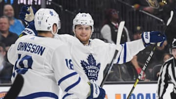Andreas Johnsson #18 and William Nylander #29 of the Toronto Maple Leafs celebrate after Nylander assisted Johnsson on first-period power-play goal against the Vegas Golden Knights during their game at T-Mobile Arena. (Photo by Ethan Miller/Getty Images)