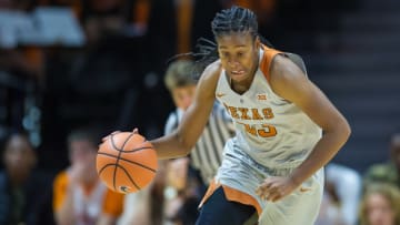 KNOXVILLE, TN - DECEMBER 10: Texas Longhorns guard Ariel Atkins (23) pushes the ball up the court during a game between the Texas Longhorns and Tennessee Lady Volunteers on December 10, 2017, at Thompson-Boling Arena in Knoxville, TN. Tennessee defeated Texas 82-75.(Photo by Bryan Lynn/Icon Sportswire via Getty Images)
