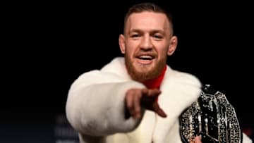 NEW YORK, NY - NOVEMBER 10: UFC featherweight champion Conor McGregor of Ireland poses for photos during the UFC 205 press conference inside The Theater at Madison Square Garden on November 10, 2016 in New York City. (Photo by Jeff Bottari/Zuffa LLC/Zuffa LLC via Getty Images)