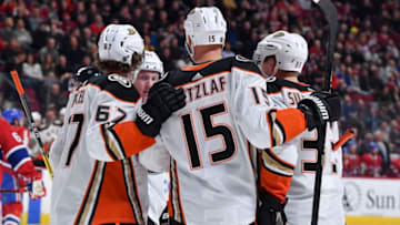 MONTREAL, QC - FEBRUARY 6: Jakob Silfverberg #33 of the Anaheim Ducks celebrates with teammates after scoring a goal against the Montreal Canadiens in the NHL game at the Bell Centre on February 6, 2020 in Montreal, Quebec, Canada. (Photo by Francois Lacasse/NHLI via Getty Images)