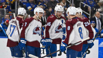 Feb 18, 2023; St. Louis, Missouri, USA; Colorado Avalanche right wing Mikko Rantanen (96) celebrates with teammates after scoring against the St. Louis Blues during the first period at Enterprise Center. Mandatory Credit: Jeff Curry-USA TODAY Sports