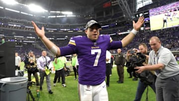 MINNEAPOLIS, MN - DECEMBER 17: Case Keenum #7 of the Minnesota Vikings wears an "NFC North Champions" hat after the game against the Cincinnati Bengals on December 17, 2017 at U.S. Bank Stadium in Minneapolis, Minnesota. The Vikings defeated the Bengals 34-7 and clinched the NFC North Division. (Photo by Hannah Foslien/Getty Images)