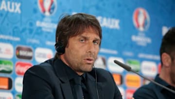 BORDEAUX, FRANCE - JULY 01: In this handout image provided by UEFA, Head coach Antonio Conte of Italy speaks to the media during the Italy press conference on July 1, 2016 in Bordeaux, France. (Photo by Handout/UEFA via Getty Images)