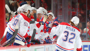 NEWARK, NJ - MARCH 27: Rem Pitlick #32 of the Montreal Canadiens skates to the bench after scoring during the shootout against the New Jersey Devils on March 27, 2022 at the Prudential Center in Newark, New Jersey. (Photo by Rich Graessle/Getty Images)
