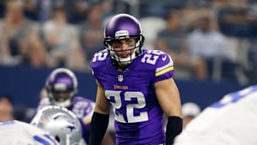 Aug 29, 2015; Arlington, TX, USA; Minnesota Vikings free safety Harrison Smith (22) in game action against the Dallas Cowboys at AT&T Stadium. Minnesota won 28-14. Mandatory Credit: Tim Heitman-USA TODAY Sports