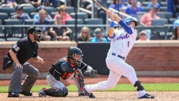 May 31, 2015; New York City, NY, USA; New York Mets pinch hitter Darrell Ceciliani (1) flies out during the seventh inning against the Miami Marlins at Citi Field. Mandatory Credit: Anthony Gruppuso-USA TODAY Sports