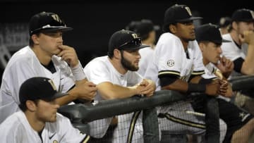 Jun 24, 2015; Omaha, NE, USA; Vanderbilt Commodores react during the game against the Virginia Cavaliers in game three of the College World Series Final at TD Ameritrade Park. Virginia defeated Vanderbilt 4-2 to win the College World Series. Mandatory Credit: Steven Branscombe-USA TODAY Sports