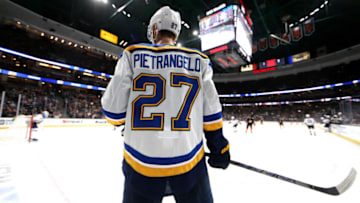 ANAHEIM, CALIFORNIA - MARCH 11: Alex Pietrangelo #27 of the St. Louis Blues looks on during the second period of a game against the Anaheim Ducks at Honda Center on March 11, 2020 in Anaheim, California. (Photo by Sean M. Haffey/Getty Images)