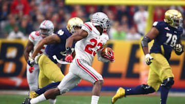 Jan 1, 2016; Glendale, AZ, USA; Ohio State Buckeyes safety Tyvis Powell returns an interception in the first quarter against the Notre Dame Fighting Irish during the 2016 Fiesta Bowl at University of Phoenix Stadium. Mandatory Credit: Mark J. Rebilas-USA TODAY Sports