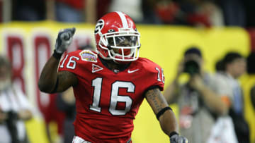 ATLANTA - JANUARY 02: Bryan McClendon #16 of the Georgia Bulldogs celebrates scoring a 43 yard touchdown against the West Virginia Mountaineers during the 4th quarter of the Nokia Sugar Bowl at the Georgia Dome on January 2, 2006 in Atlanta, Georgia. (Photo by Streeter Lecka/Getty Images)