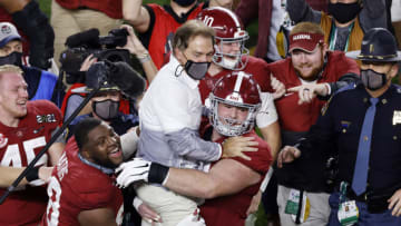 MIAMI GARDENS, FLORIDA - JANUARY 11: Head coach Nick Saban of the Alabama Crimson Tide celebrates defeating the Ohio State Buckeyes in the College Football Playoff National Championship game at Hard Rock Stadium on January 11, 2021 in Miami Gardens, Florida. (Photo by Michael Reaves/Getty Images)