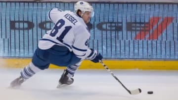 Apr 12, 2014; Ottawa, Ontario, CAN; Toronto Maple Leafs right wing Phil Kessel (81) skates with the puck in the third period against the Ottawa Senators at the Canadian Tire Centre. The Senators defeated the Maple Leafs 1-0. Mandatory Credit: Marc DesRosiers-USA TODAY Sports