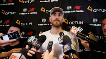 BOSTON - MAY 9: Boston Celtics' Gordon Hayward speaks to reporters at the Auerbach Center in the Brighton neighborhood of Boston on May 9, 2019. Celtics players are cleaning out their lockers following their elimination at the hands of the Milwaukee Bucks in the NBA Eastern Conference Semi-Finals the previous night. (Photo by Jessica Rinaldi/The Boston Globe via Getty Images)