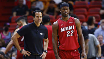 Head coach Erik Spoelstra and Jimmy Butler #22 of the Miami Heat look on against the Philadelphia 76ers(Photo by Michael Reaves/Getty Images)