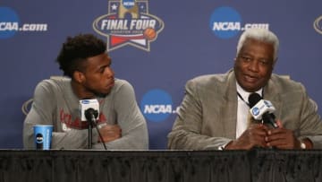 Apr 1, 2016; Houston, TX, USA; Oklahoma Sooners guard Buddy Hield (left) and Oscar Robertson at the Oscar Robertson Trophy player of the year press conference prior to the 2016 Men