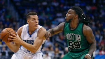 Nov 29, 2015; Orlando, FL, USA; Boston Celtics forward Jae Crowder (99) guards Orlando Magic forward Aaron Gordon (00) during the second half of a basketball game at Amway Center. Mandatory Credit: Reinhold Matay-USA TODAY Sports
