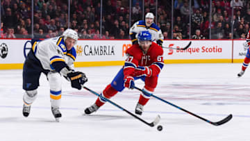 MONTREAL, QC - FEBRUARY 11: St. Louis Blues Defenceman Jay Bouwmeester (19) losing control of the puck while being chased by Montreal Canadiens Left Wing Max Pacioretty (67) during the St. Louis Blues versus the Montreal Canadiens game on February 11, 2017, at Bell Centre in Montreal, QC (Photo by David Kirouac/Icon Sportswire via Getty Images)