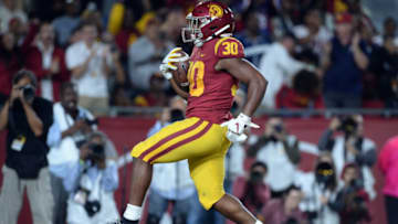 October 19, 2019; Los Angeles, CA, USA; Southern California Trojans running back Markese Stepp (30) runs the ball in for a touchdown against the Arizona Wildcats during the first half at the Los Angeles Memorial Coliseum. Mandatory Credit: Gary A. Vasquez-USA TODAY Sports