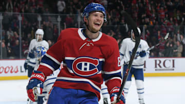 MONTREAL, QC - APRIL 6: Artturi Lehkonen #62 of the Montreal Canadiens celebrates a goal against the Toronto Maple Leafs in the NHL game at the Bell Centre on April 6, 2019 in Montreal, Quebec, Canada. (Photo by Francois Lacasse/NHLI via Getty Images)
