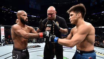 LOS ANGELES, CA - AUGUST 04: (L-R) Opponents Demetrious Johnson and Henry Cejudo face off prior to their UFC flyweight championship fight during the UFC 227 event inside Staples Center on August 4, 2018 in Los Angeles, California. (Photo by Jeff Bottari/Zuffa LLC/Zuffa LLC via Getty Images)