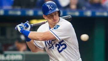 KANSAS CITY, MO - MARCH 28: Kansas City Royals first base Frank Schwindel (25) eyes the pitch during the home opener game between the Kansas City Royals and the Chicago White Sox on Thursday March 28, 2019 at Kauffman Stadium in Kansas City, MO. (Photo by Nick Tre. Smith/Icon Sportswire via Getty Images)