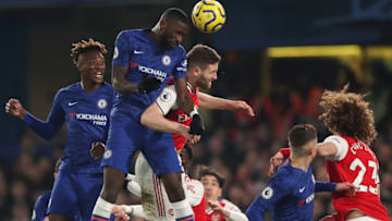 LONDON, ENGLAND - JANUARY 21: Antonio Rudiger of Chelsea battles Shkodran Mustafi of Arsenal for a header during the Premier League match between Chelsea FC and Arsenal FC at Stamford Bridge on January 21, 2020 in London, United Kingdom. (Photo by James Williamson - AMA/Getty Images)