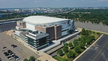 PHILADELPHIA, PA - JULY 06: In an aerial view from a drone, this is a general view of the Wells Fargo Center on July 6, 2020 in Philadelphia, Pennsylvania. (Photo by Bruce Bennett/Getty Images)
