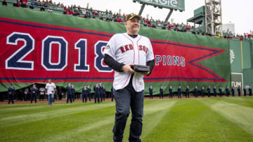 BOSTON, MA - APRIL 9: Former pitcher Curt Schilling of the Boston Red Sox is introduced during a 2018 World Series championship ring ceremony before the Opening Day game against the Toronto Blue Jays on April 9, 2019 at Fenway Park in Boston, Massachusetts. (Photo by Billie Weiss/Boston Red Sox/Getty Images)