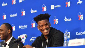 CAMDEN, NJ - NOVEMBER 13: Jimmy Butler of the Philadelphia 76ers speaks to the media during an introductory press conference at the 76ers Training Complex in Camden, New Jersey on November 13, 2018. NOTE TO USER: User expressly acknowledges and agrees that, by downloading and/or using this photograph, user is consenting to the terms and conditions of the Getty Images License Agreement. Mandatory Copyright Notice: Copyright 2018 NBAE (Photo by Jesse D. Garrabrant/NBAE via Getty Images)