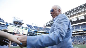 Aug 25, 2016; Seattle, WA, USA; Dallas Cowboys owner Jerry Jones meets with fans during pre game warmups against the Seattle Seahawks at CenturyLink Field. Mandatory Credit: Joe Nicholson-USA TODAY Sports