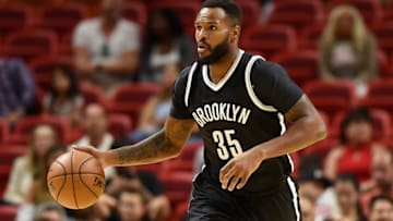 Oct 11, 2016; Miami, FL, USA; Brooklyn Nets forward Trevor Booker (35) dribbles the ball during the first half against the Miami Heat at American Airlines Arena. Mandatory Credit: Steve Mitchell-USA TODAY Sports
