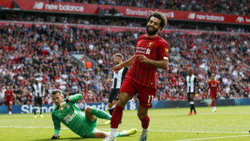 Mohamed Salah of Liverpool celebrates after scoring vs. Newcastle United. (Photo by Daniel Chesterton/Offside/Getty Images)