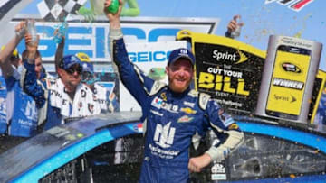 May 3, 2015; Talladega, AL, USA; Dale Earnhardt Jr. celebrates his victory in the Geico 500 at Talladega Superspeedway. Mandatory Credit: Randy Sartin-USA TODAY Sports