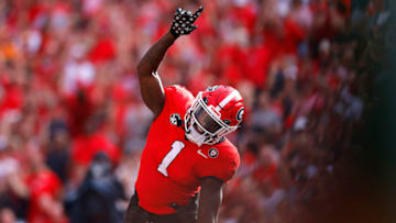 ATHENS, GEORGIA - NOVEMBER 05: Marcus Rosemy-Jacksaint #1 of the Georgia Bulldogs reacts after a touchdown against the Tennessee Volunteers during the second quarter at Sanford Stadium on November 05, 2022 in Athens, Georgia. (Photo by Todd Kirkland/Getty Images)