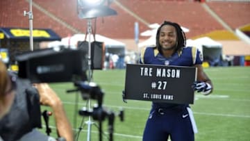 May 31, 2014; Los Angeles, CA, USA; St. Louis Rams running back Tre Mason films a segment during the 2014 NFLPA Rookie Premiere at the Los Angeles Memorial Coliseum. Mandatory Credit: Gary A. Vasquez-USA TODAY Sports