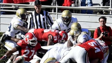 Nov 29, 2014; Athens, GA, USA; Georgia Bulldogs running back Nick Chubb (27) fumbles the ball to the Georgia Tech Yellow Jackets during the first half at Sanford Stadium. Mandatory Credit: Dale Zanine-USA TODAY Sports