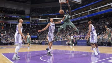 SACRAMENTO, CA - NOVEMBER 28: Thon Maker #7 of the Milwaukee Bucks dunks against the Sacramento Kings on November 28, 2017 at Golden 1 Center in Sacramento, California. NOTE TO USER: User expressly acknowledges and agrees that, by downloading and or using this photograph, User is consenting to the terms and conditions of the Getty Images Agreement. Mandatory Copyright Notice: Copyright 2017 NBAE (Photo by Rocky Widner/NBAE via Getty Images)