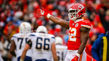 KANSAS CITY, MO - DECEMBER 29: Demone Harris #52 of the Kansas City Chiefs signals for a Chiefs first down following a fourth-down defensive stop against the Los Angeles Chargers in the third quarter at Arrowhead Stadium on December 29, 2019 in Kansas City, Missouri. (Photo by David Eulitt/Getty Images)