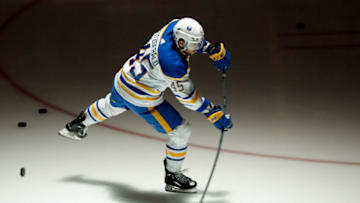 Oct 7, 2022; Pittsburgh, Pennsylvania, USA; Buffalo Sabres defenseman Casey Fitzgerald (45) warms up before the game against the Pittsburgh Penguins at PPG Paints Arena. Mandatory Credit: Charles LeClaire-USA TODAY Sports