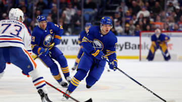Mar 6, 2023; Buffalo, New York, USA; Buffalo Sabres right wing JJ Peterka (77) looks to make a pass during the second period against the Edmonton Oilers at KeyBank Center. Mandatory Credit: Timothy T. Ludwig-USA TODAY Sports