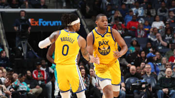 MEMPHIS, TN - JANUARY 12: D'Angelo Russell #0 of the Golden State Warriors high-fives Omari Spellman #4 of the Golden State Warriors against the Memphis Grizzlies on January 12, 2020 at FedExForum in Memphis, Tennessee. NOTE TO USER: User expressly acknowledges and agrees that, by downloading and or using this photograph, User is consenting to the terms and conditions of the Getty Images License Agreement. Mandatory Copyright Notice: Copyright 2020 NBAE (Photo by Joe Murphy/NBAE via Getty Images)