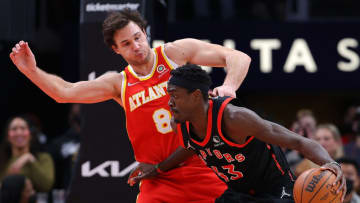 ATLANTA, GEORGIA - JANUARY 31: Pascal Siakam #43 of the Toronto Raptors drives against Danilo Gallinari #8 of the Atlanta Hawks (Photo by Kevin C. Cox/Getty Images)