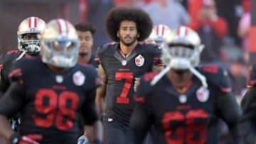 Oct 6, 2016; Santa Clara, CA, USA; San Francisco 49ers quarterback Colin Kaepernick (7) runs onto the field during a NFL game against the Arizona Cardinals at Levi