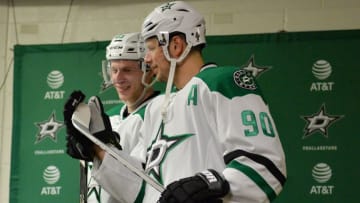RALEIGH, NC - APRIL 01: Dallas Stars Right Wing Jason Spezza (90) and Dallas Stars Defenceman Esa Lindell (23) prepare to take the ice in a game between the Dallas Stars and the Carolina Hurricanes on April 1, 2017 at the PNC Arena in Raleigh, NC. Dallas defeated Carolina 3 - 0. (Photo by Greg Thompson/Icon Sportswire via Getty Images)