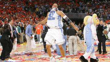 ST. LOUIS - APRIL 04: Sean May #42 of the North Carolina Tar Heels celebrates after defeating the Illinois Fighting Illini 75-70 to win the NCAA Men's National Championship game at the Edward Jones Dome on April 4, 2005 in St. Louis, Missouri. (Photo by Ronald Martinez/Getty Images)