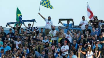 Jul 17, 2016; Philadelphia, PA, USA; Philadelphia Union fans cheer on prior to action against the New York Red Bulls at Talen Energy Stadium. Mandatory Credit: Bill Streicher-USA TODAY Sports